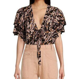 Free People Call Me Later Printed Bodysuit Top Flutter Tie Front S